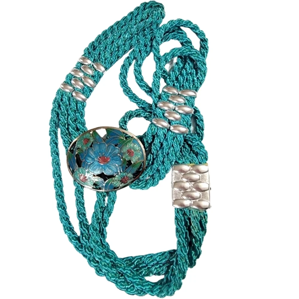 Vintage Sea Gem Floral Cloisonne Buckle Teal Braided Rope Belt